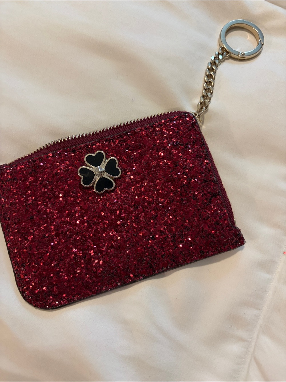 kate spade Red Glitter Zip Key Pouch with Clover Charm
